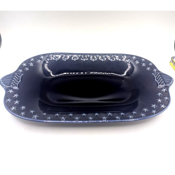 Longaberger Pottery-Retired-Proudly American Blue Stars Shields-Serving Dish - Picture 2 of 9